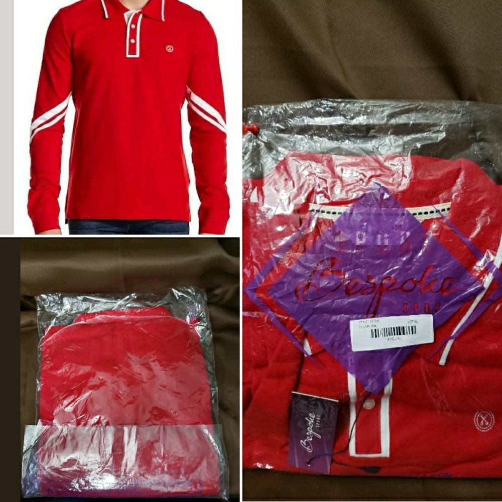 Bespoke Striped Long Sleeve XL Red Polo Shirt, New